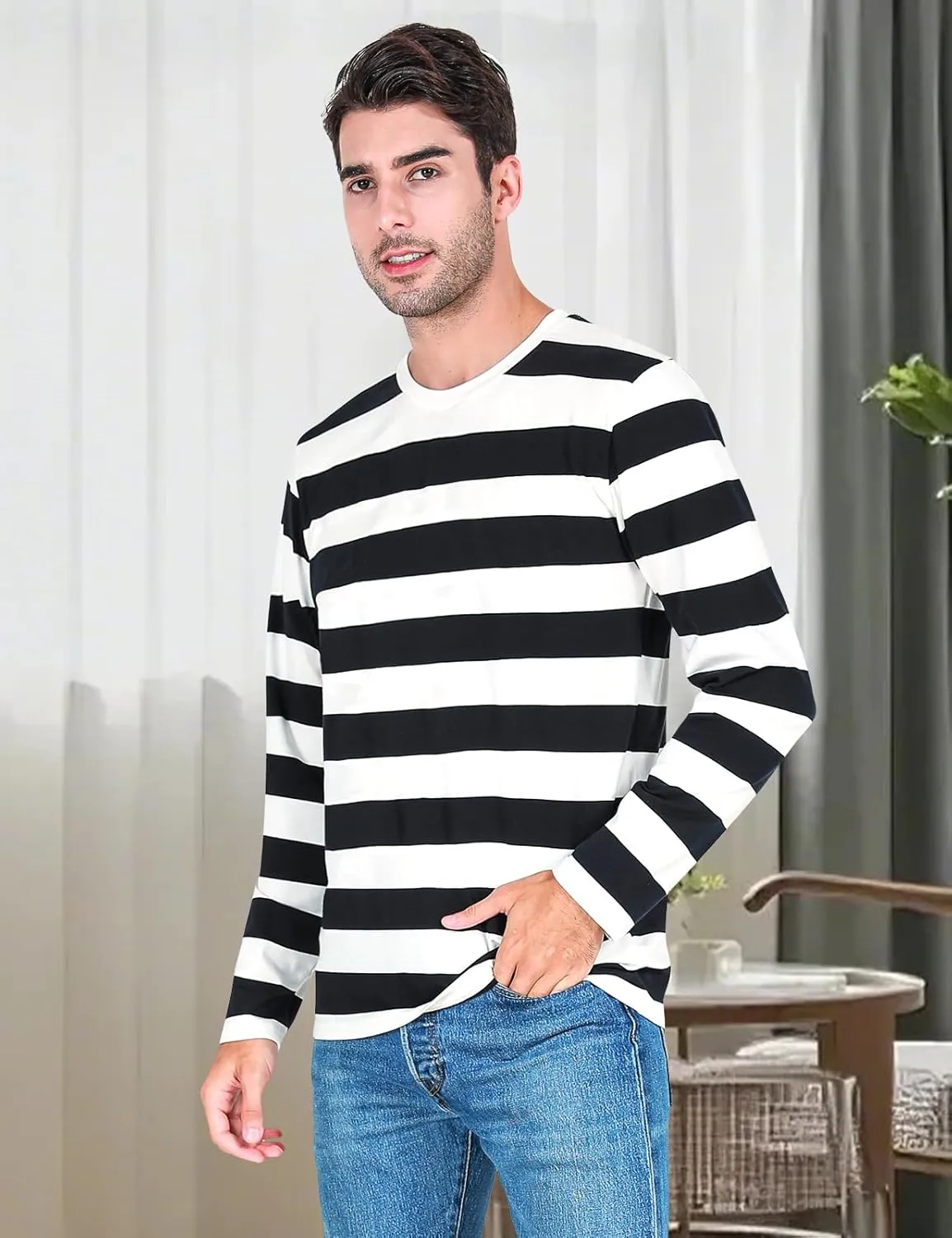 Funny World Men's Striped T-Shirt Crewneck Long Sleeves Basic Casual Top