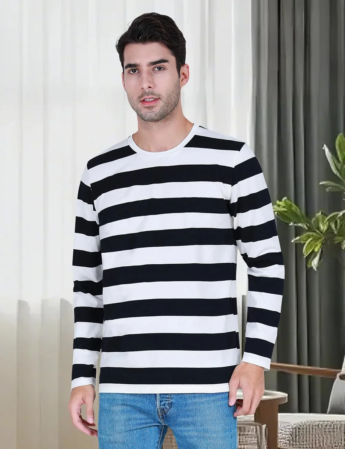Funny World Men's Striped T-Shirt Crewneck Long Sleeves Basic Casual Top