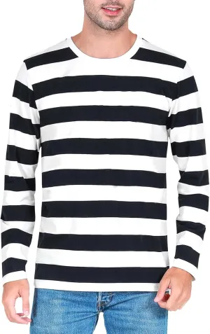 Funny World Men's Striped T-Shirt Crewneck Long Sleeves Basic Casual Top