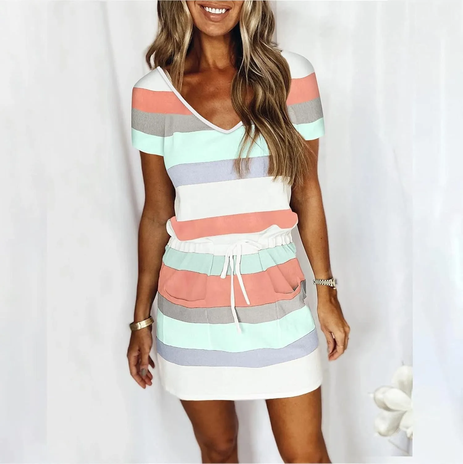 FZYLQY 2025 Trendy Womens Casual Dresses Short Sleeve Striped Drawstring Mini Dress Comfy Loose Fit Summer Beach Sundresses