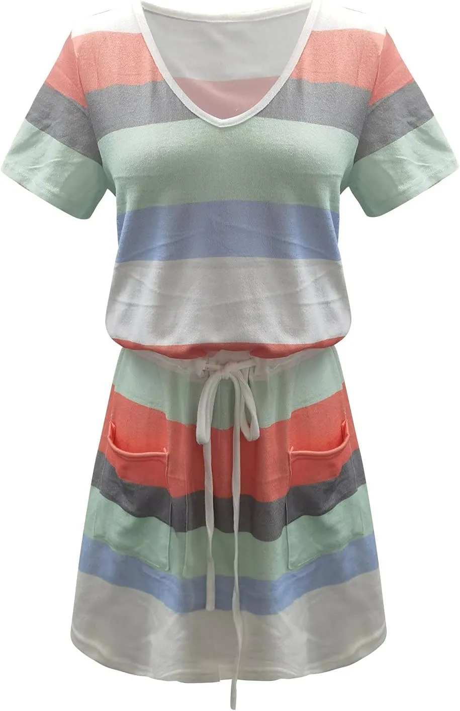 FZYLQY 2025 Trendy Womens Casual Dresses Short Sleeve Striped Drawstring Mini Dress Comfy Loose Fit Summer Beach Sundresses