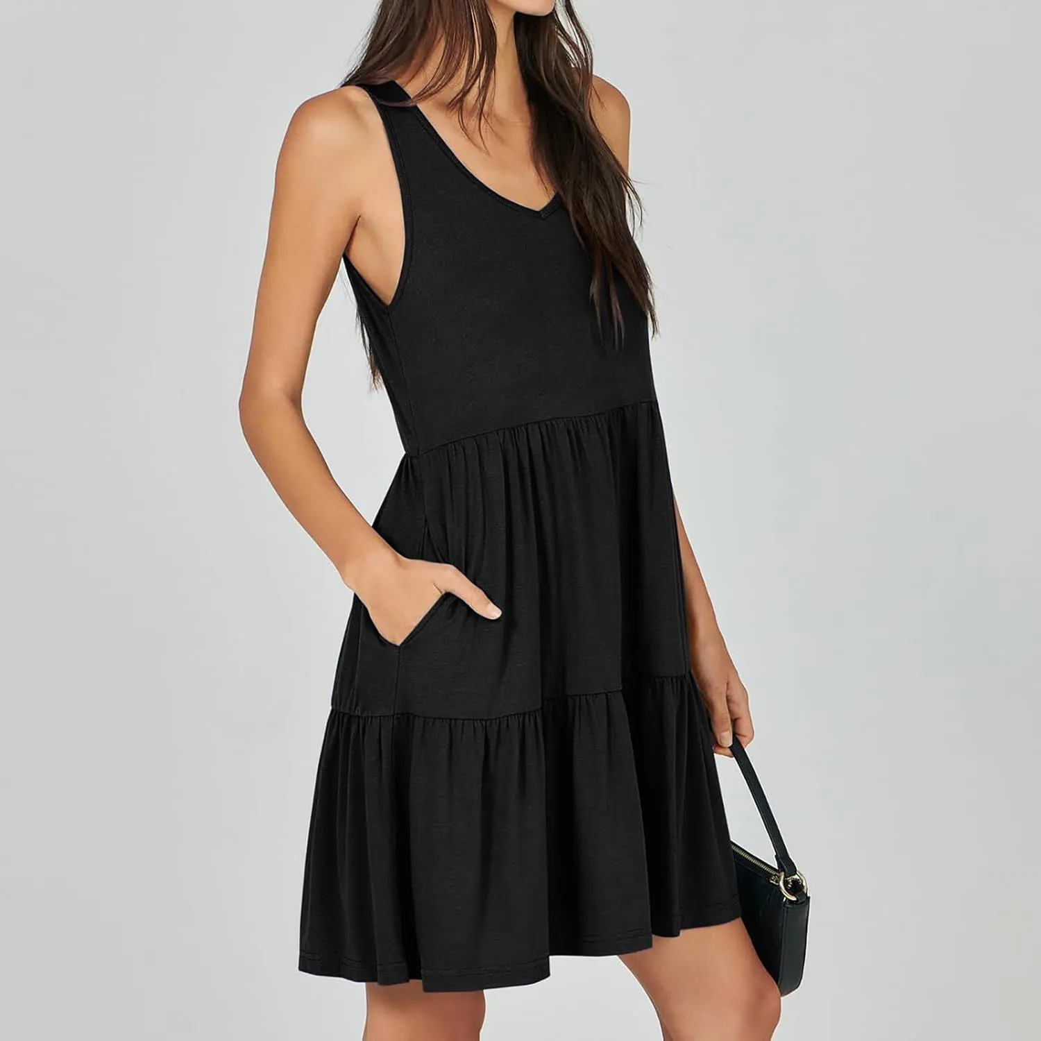 FZYLQY Sleeveless Tiered Babydoll Dress for Women V Neck Ruffle Loose Fit Casual Summer Mini Dress with Side Pockets Cute