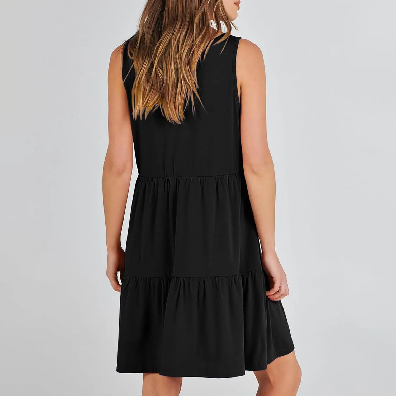FZYLQY Sleeveless Tiered Babydoll Dress for Women V Neck Ruffle Loose Fit Casual Summer Mini Dress with Side Pockets Cute