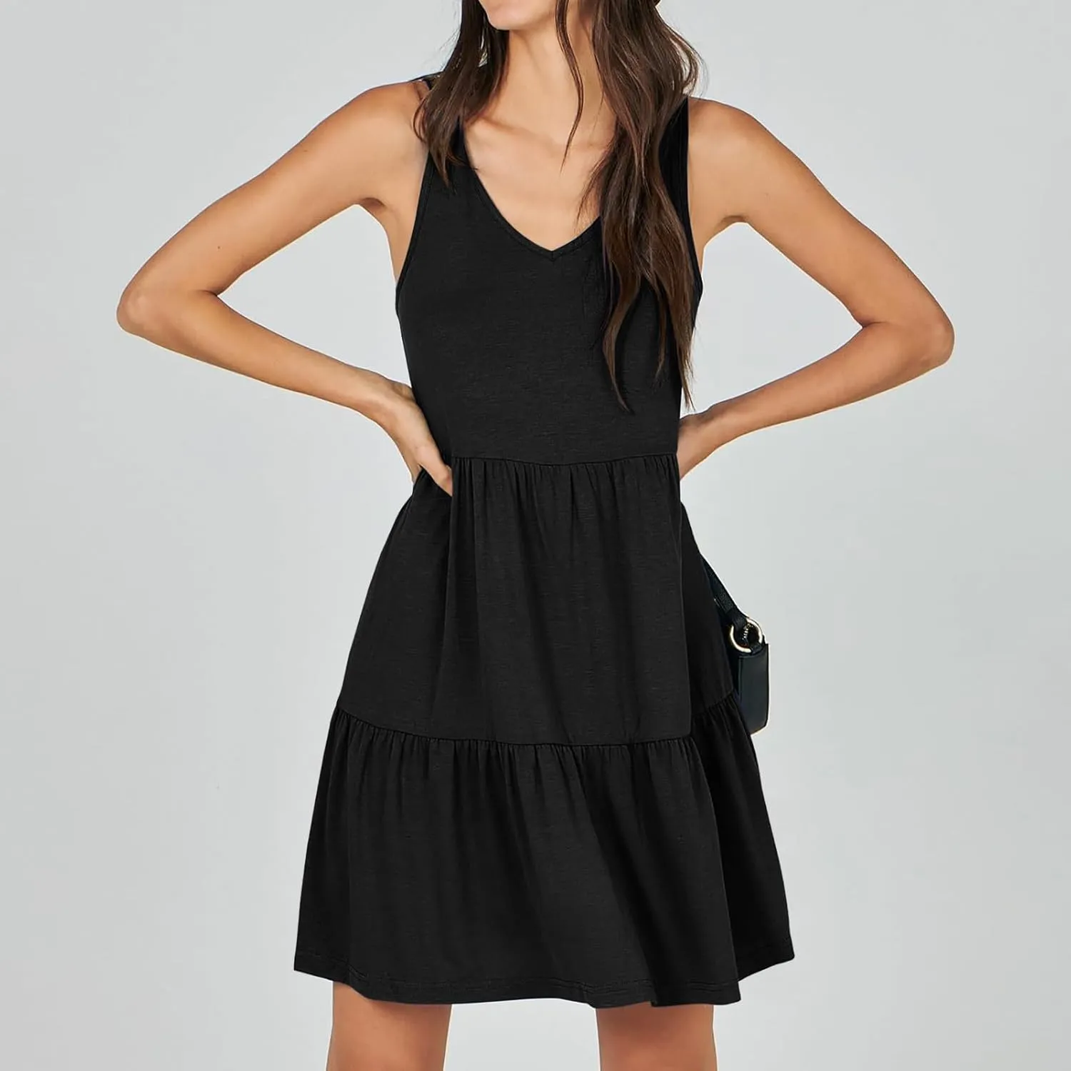 FZYLQY Sleeveless Tiered Babydoll Dress for Women V Neck Ruffle Loose Fit Casual Summer Mini Dress with Side Pockets Cute