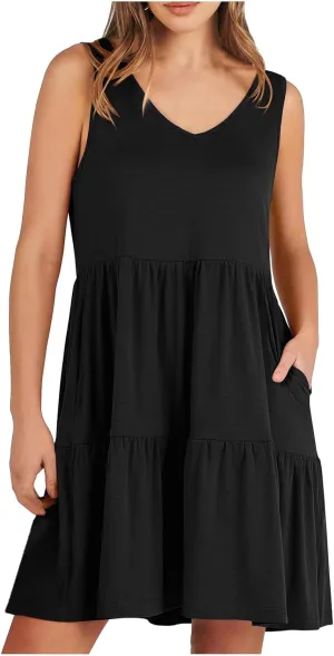 FZYLQY Sleeveless Tiered Babydoll Dress for Women V Neck Ruffle Loose Fit Casual Summer Mini Dress with Side Pockets Cute