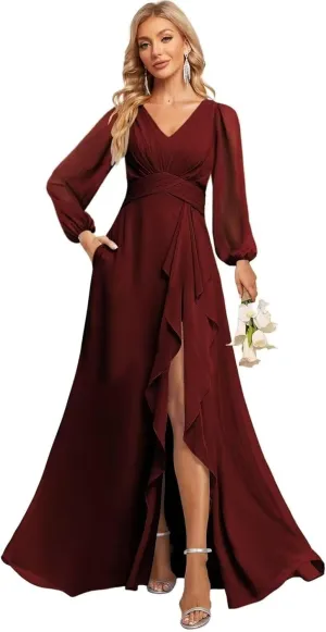 GATMAHE Flutter Lantern Sleeves Bridesmaid Dresses for Women V Neck Ruched Long Slit Formal Dress with Pockets