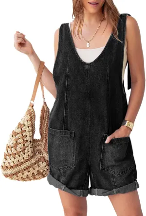 Glamaker Womens Summer Denim Romper Overall Shorts Casual Sleeveless V Neck Jean Romper Denim Outfit Short Jumpsuits 2025