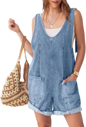 Glamaker Womens Summer Denim Romper Overall Shorts Casual Sleeveless V Neck Jean Romper Denim Outfit Short Jumpsuits 2025