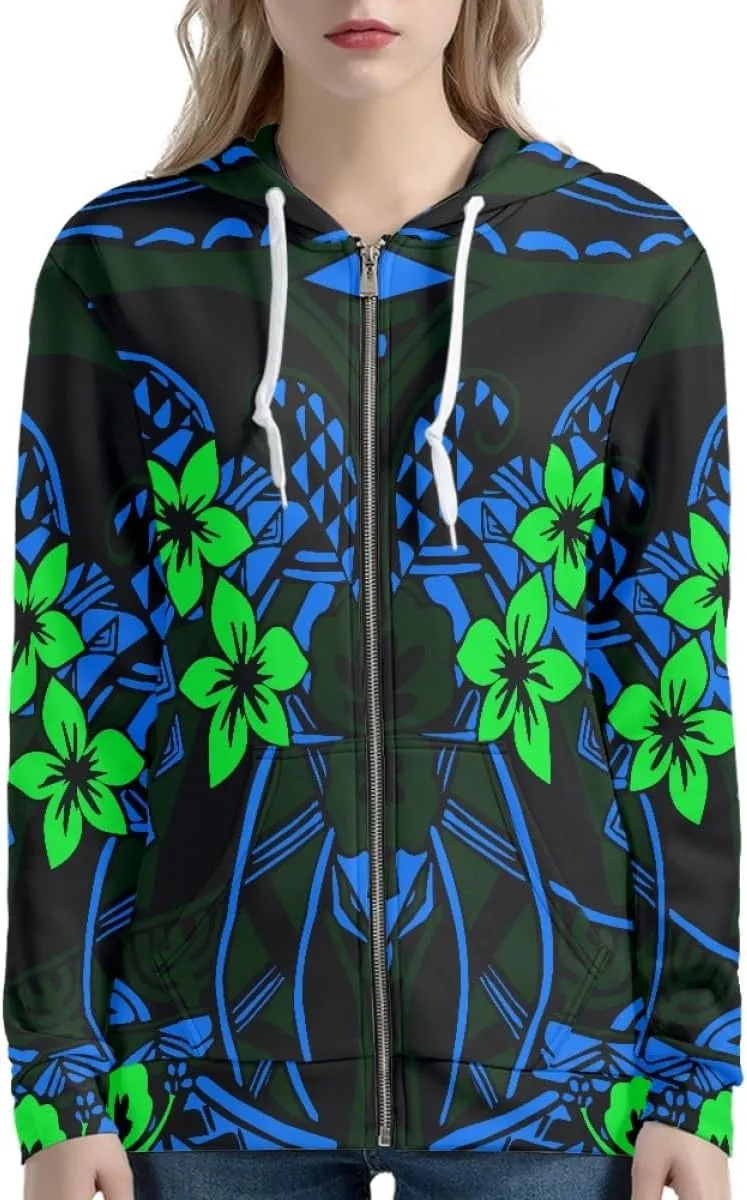 GLUDEAR Women Polynesian Tribal Print Zip Up Hoodies Long Sleeve Hooded Sweatshirts Oversized Casual Jacket