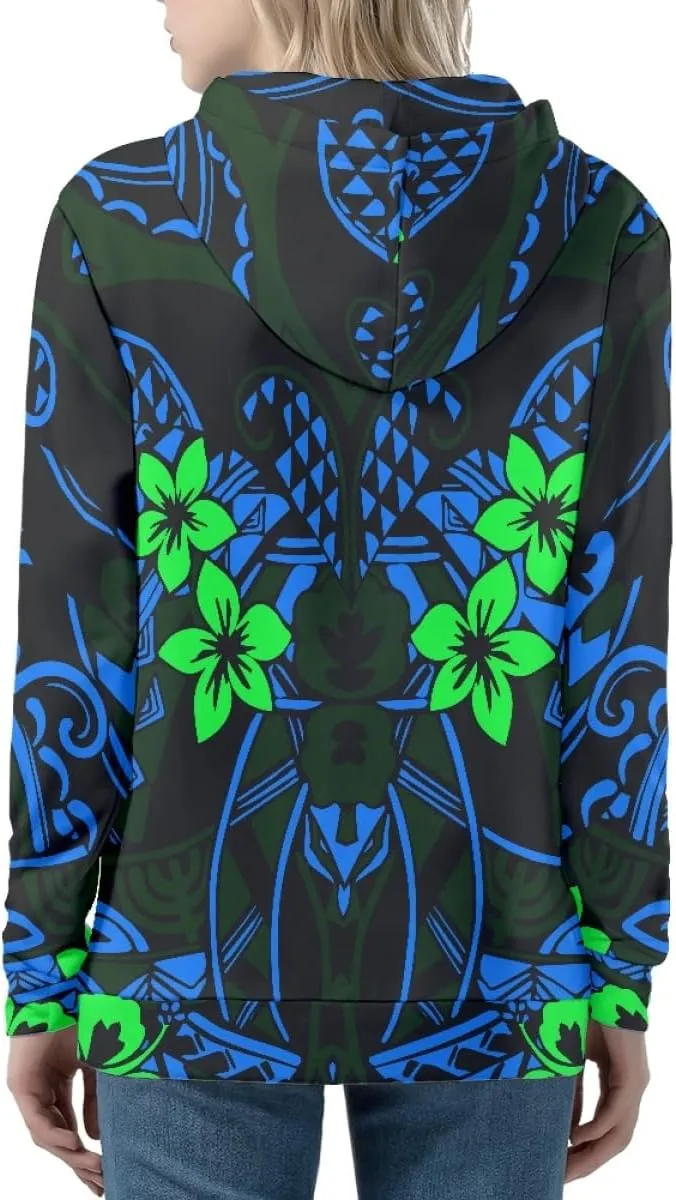 GLUDEAR Women Polynesian Tribal Print Zip Up Hoodies Long Sleeve Hooded Sweatshirts Oversized Casual Jacket
