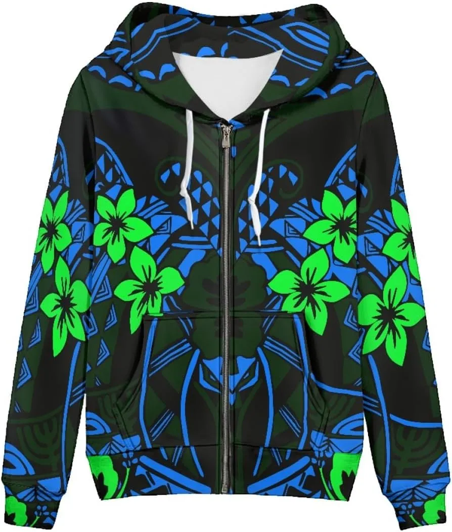 GLUDEAR Women Polynesian Tribal Print Zip Up Hoodies Long Sleeve Hooded Sweatshirts Oversized Casual Jacket