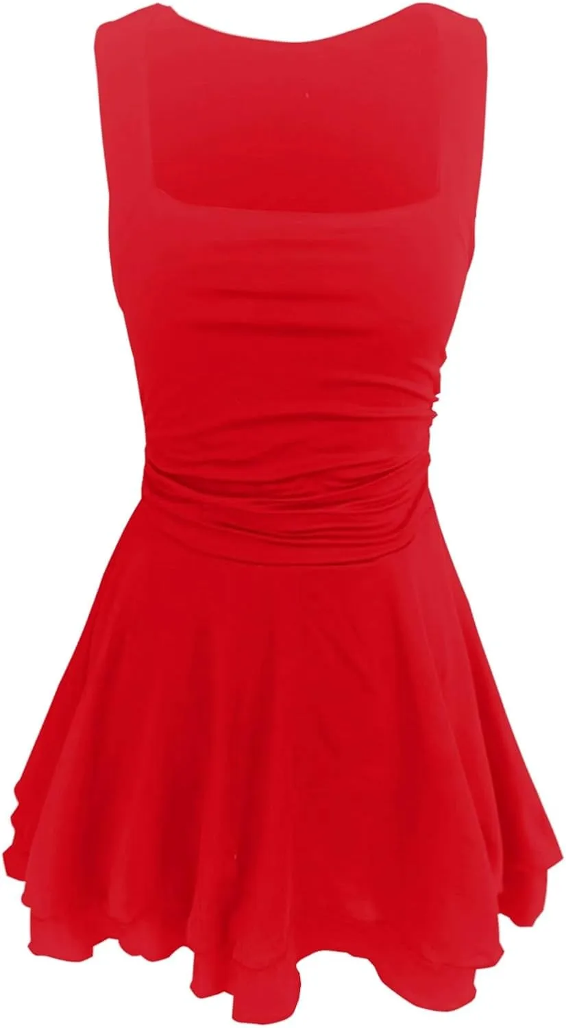Going Out Dresses for Women Square Neck Ruffle Hem Mini Dress Ruched Waist Short Party Dresses Beach Vacation Outfits