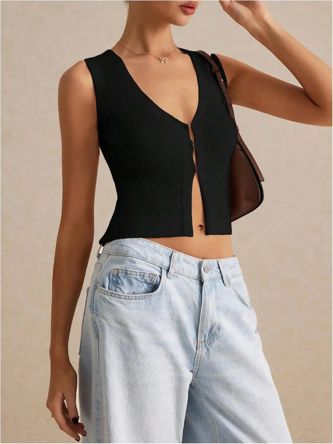 GORGLITTER Women's Knit Top V Neck Sleeveless Button Down Sweater Vest