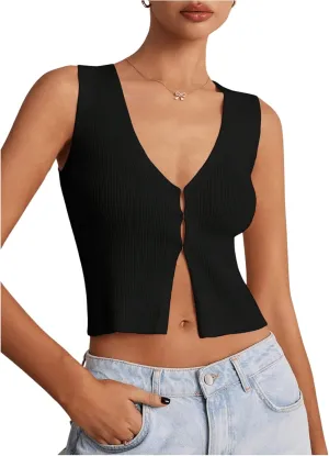 GORGLITTER Women's Knit Top V Neck Sleeveless Button Down Sweater Vest