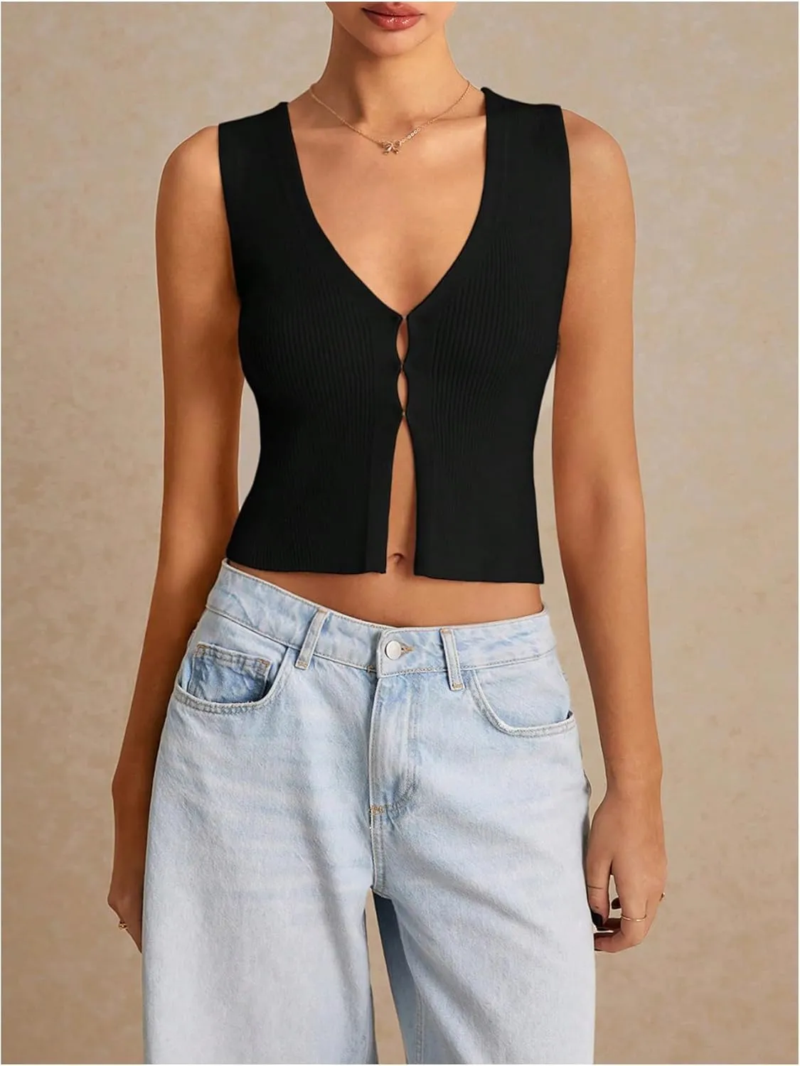 GORGLITTER Women's Knit Top V Neck Sleeveless Button Down Sweater Vest