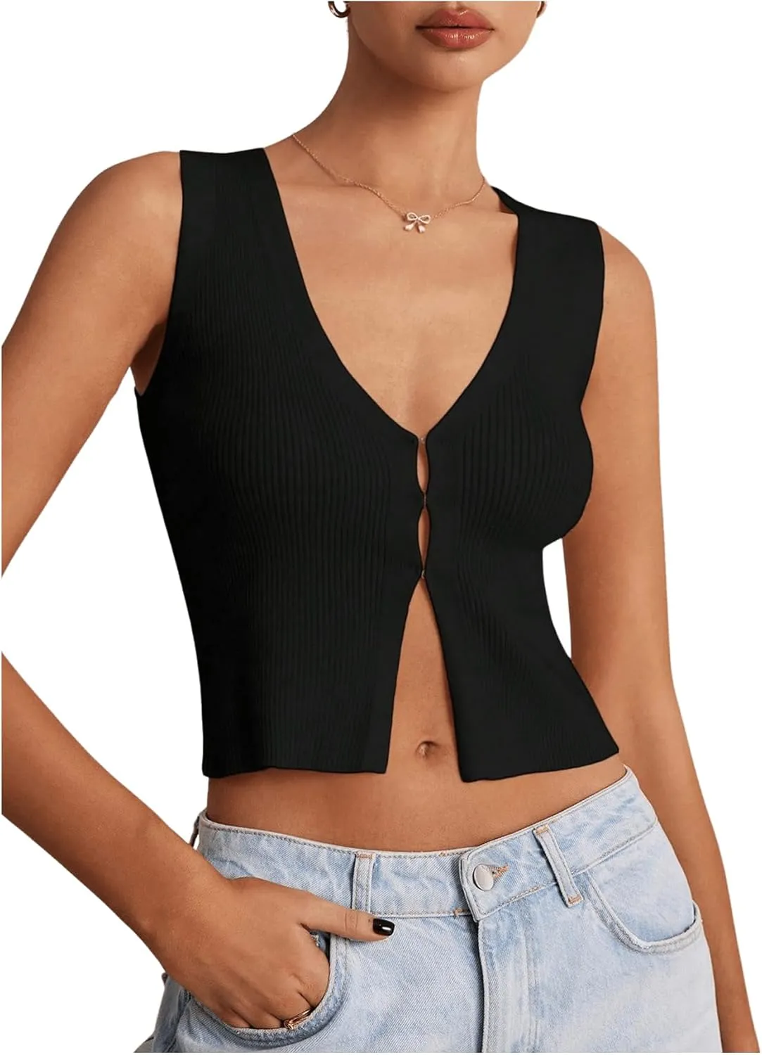 GORGLITTER Women's Knit Top V Neck Sleeveless Button Down Sweater Vest