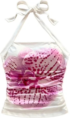 GORGLITTER Women's Y2k Floral Halter Top Ruched Sleeveless Backless Slim Camisole Tops
