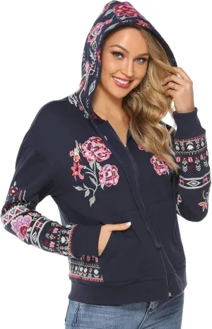 Grosy Boho Floral Embroidered Hoodie for Women Zip Up Long Sleeve Hooded Sweatshirt for Fall Winter Ethnic Vintage Jackets