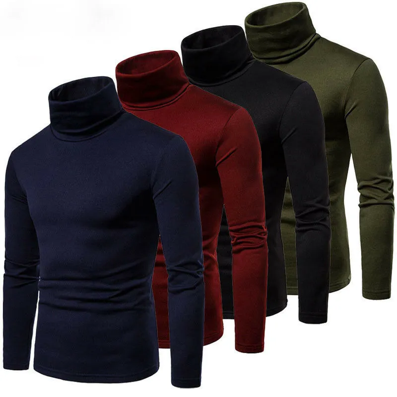Gym Fitness Solid Men's Turtleneck Knitted Sweater High Collar Pullover Tops