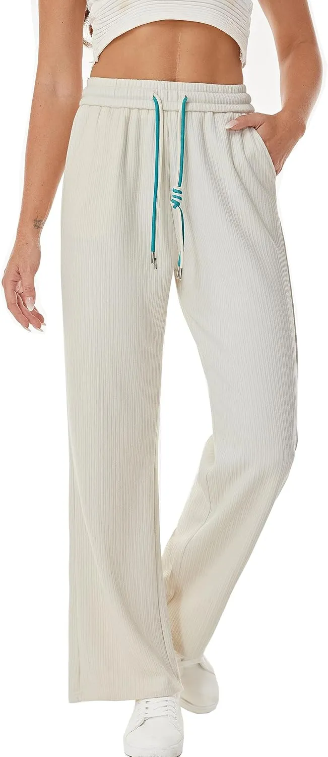 heipeiwa Women's Knit Cashmere Wool Blend Rib Wide Leg Flowy Fall Winter Thermal Sweater Pants Trouser
