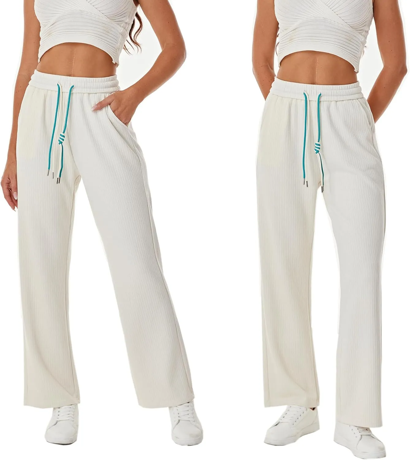 heipeiwa Women's Knit Cashmere Wool Blend Rib Wide Leg Flowy Fall Winter Thermal Sweater Pants Trouser