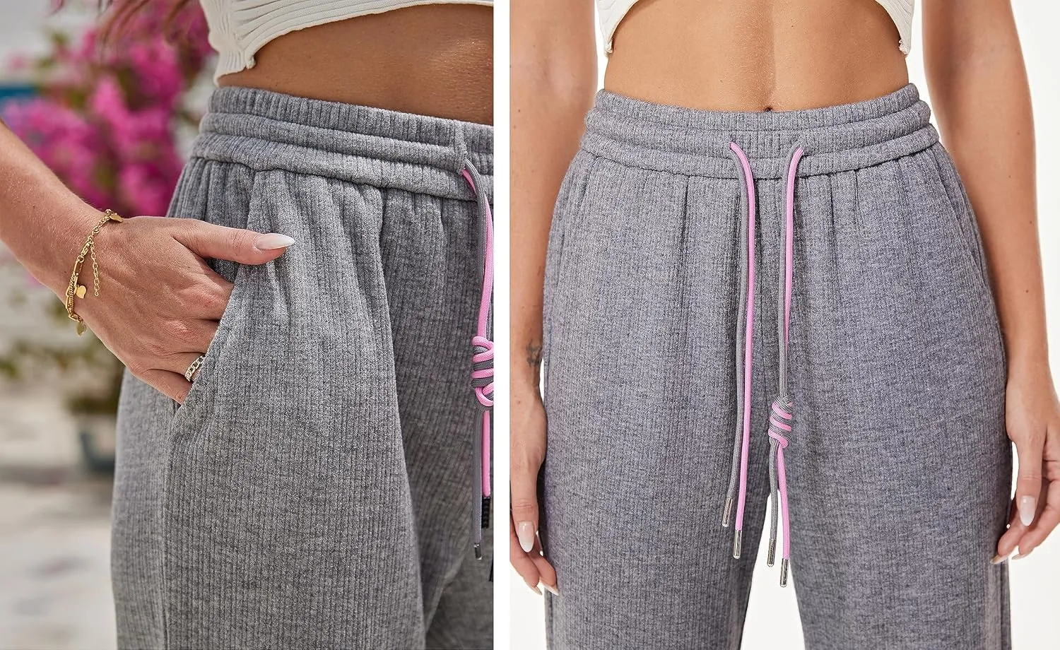 heipeiwa Women's Knit Cashmere Wool Blend Rib Wide Leg Flowy Fall Winter Thermal Sweater Pants Trouser