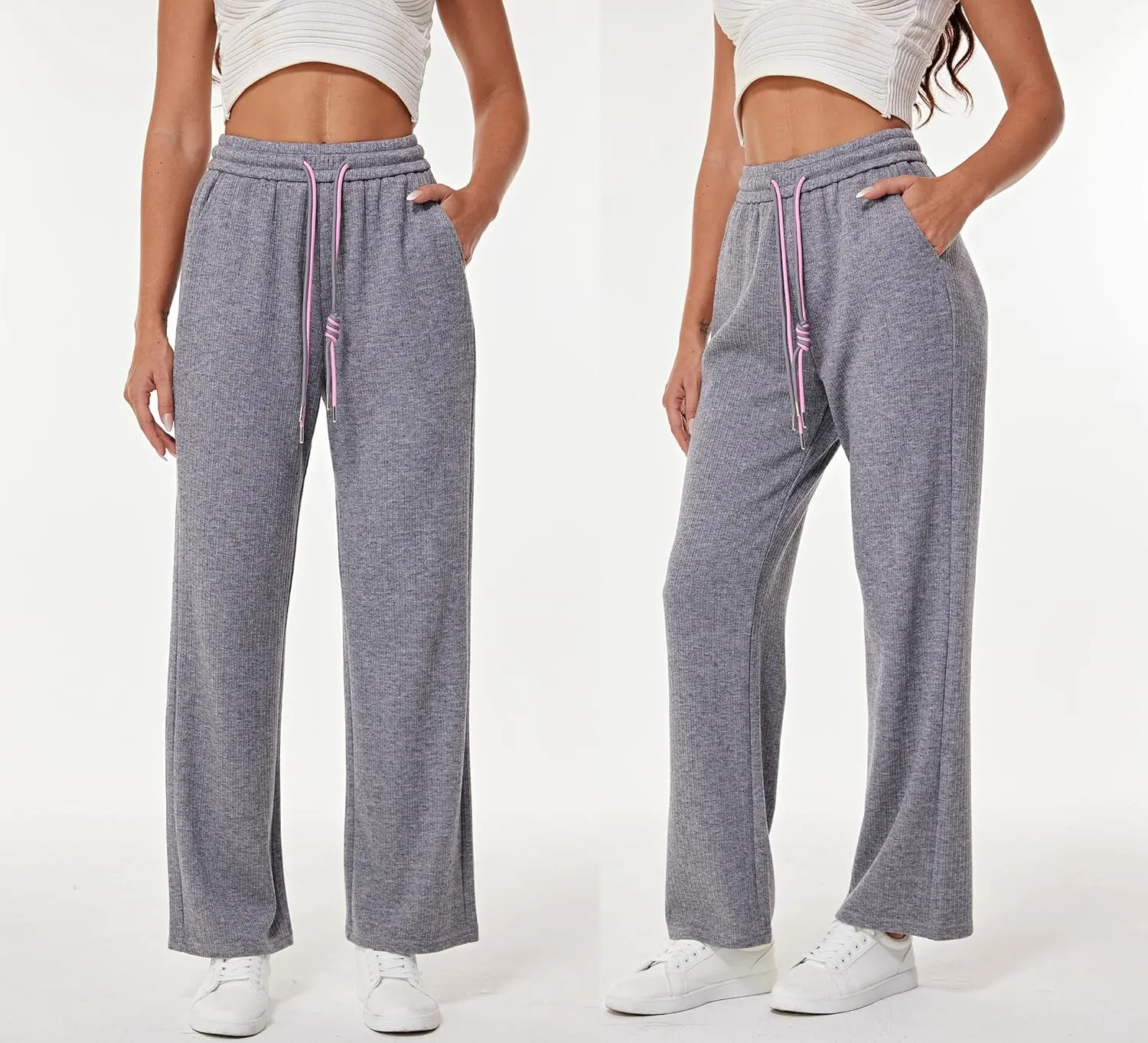 heipeiwa Women's Knit Cashmere Wool Blend Rib Wide Leg Flowy Fall Winter Thermal Sweater Pants Trouser