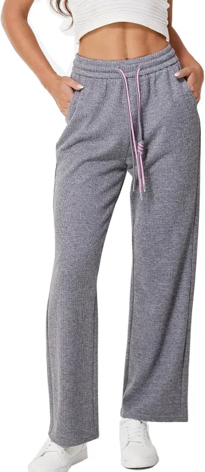 heipeiwa Women's Knit Cashmere Wool Blend Rib Wide Leg Flowy Fall Winter Thermal Sweater Pants Trouser