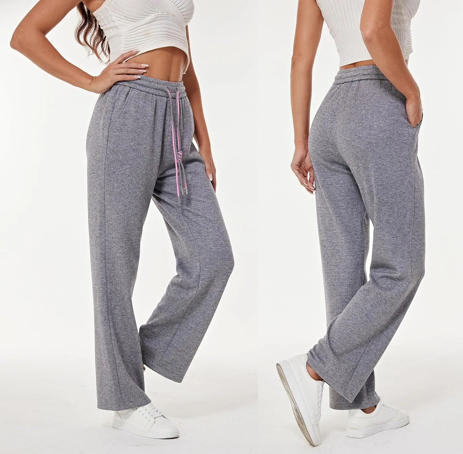 heipeiwa Women's Knit Cashmere Wool Blend Rib Wide Leg Flowy Fall Winter Thermal Sweater Pants Trouser