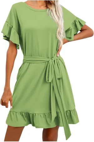 HGps8w Summer Dresses for Women 2025 Casual Crewneck Ruffle Short Sleeve A Line Mini Tshirt Dress with Belt