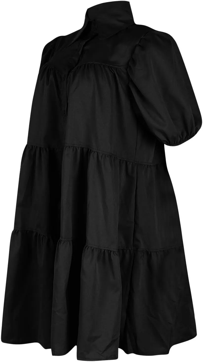 HGps8w Women's Cute Babydoll Dresses Casual Loose Puff Sleeve Ruffle Hem Button Down Tiered Pleated A-Line Shirt Mini Dress