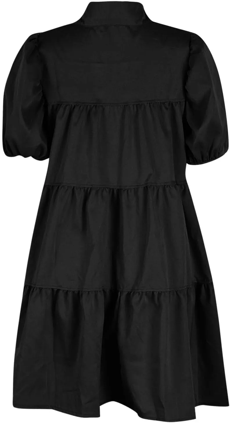 HGps8w Women's Cute Babydoll Dresses Casual Loose Puff Sleeve Ruffle Hem Button Down Tiered Pleated A-Line Shirt Mini Dress