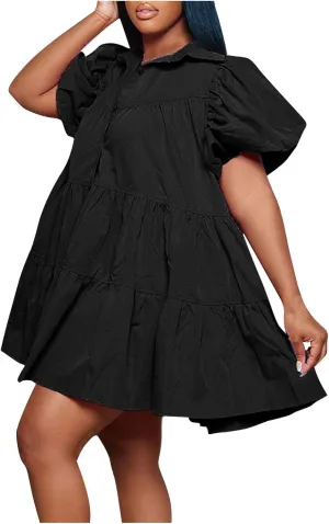 HGps8w Women's Cute Babydoll Dresses Casual Loose Puff Sleeve Ruffle Hem Button Down Tiered Pleated A-Line Shirt Mini Dress