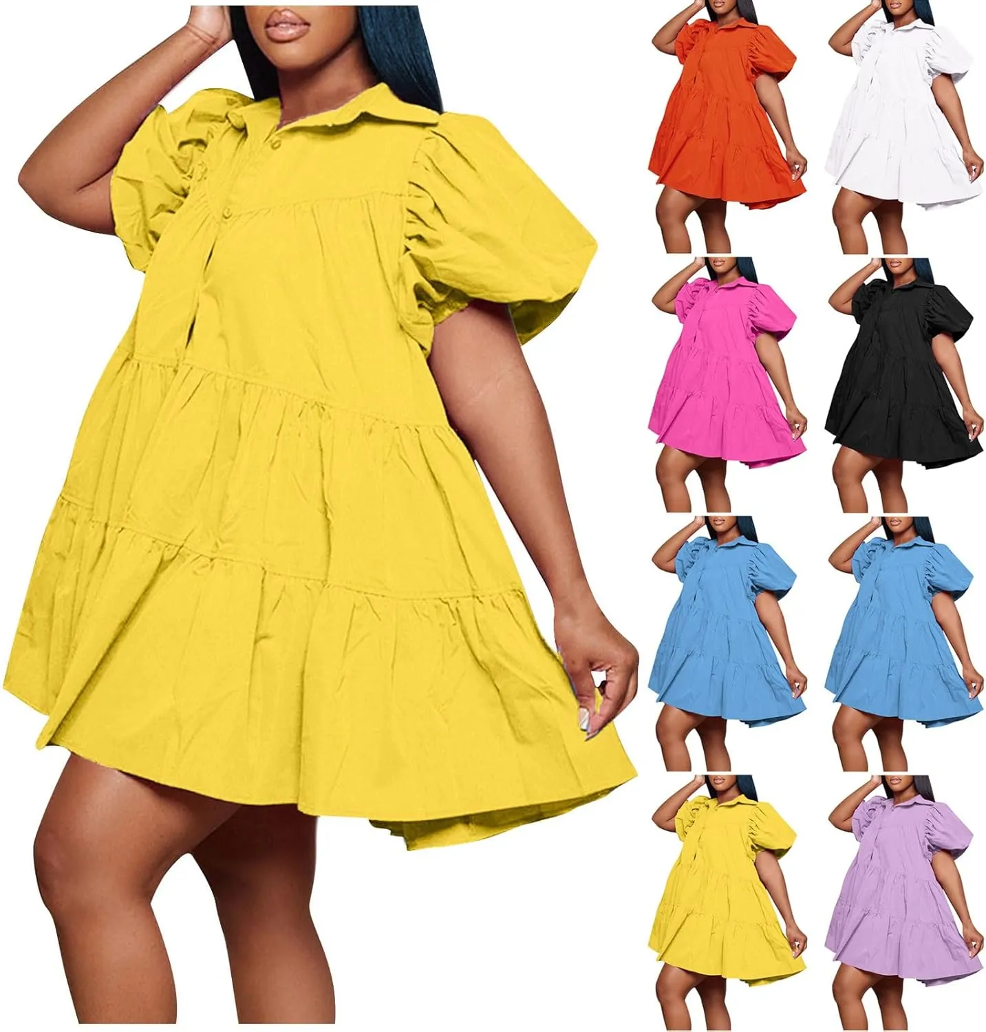 HGps8w Women's Cute Babydoll Dresses Casual Loose Puff Sleeve Ruffle Hem Button Down Tiered Pleated A-Line Shirt Mini Dress