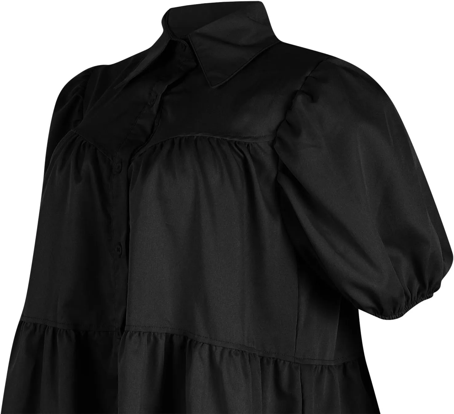 HGps8w Women's Cute Babydoll Dresses Casual Loose Puff Sleeve Ruffle Hem Button Down Tiered Pleated A-Line Shirt Mini Dress