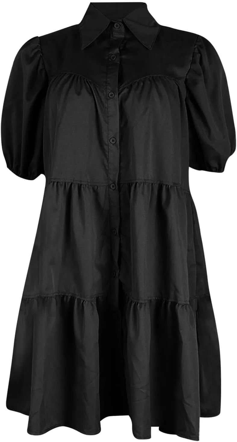 HGps8w Women's Cute Babydoll Dresses Casual Loose Puff Sleeve Ruffle Hem Button Down Tiered Pleated A-Line Shirt Mini Dress