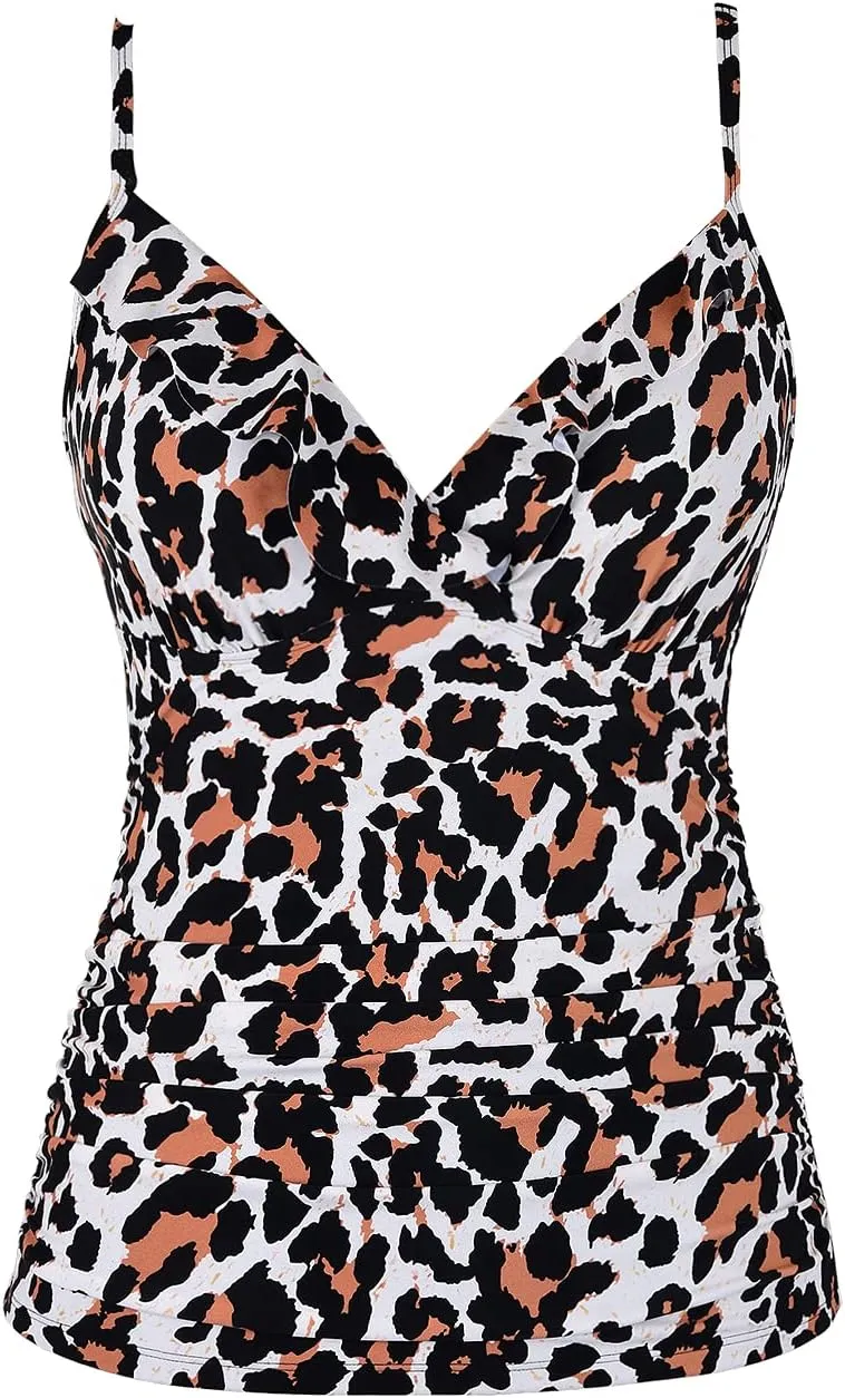 Hilor Women's Tankini Tops Shirred Ruffled Swimsuits V Neck Swimwear Top