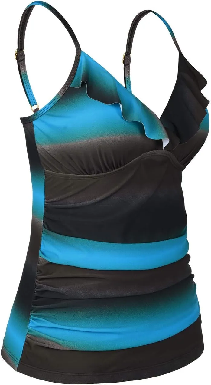 Hilor Women's Tankini Tops Shirred Ruffled Swimsuits V Neck Swimwear Top