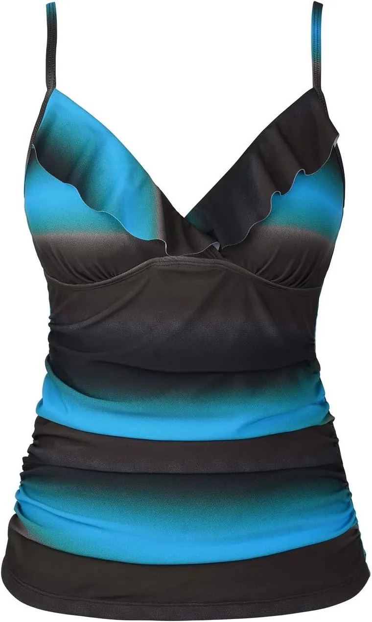 Hilor Women's Tankini Tops Shirred Ruffled Swimsuits V Neck Swimwear Top