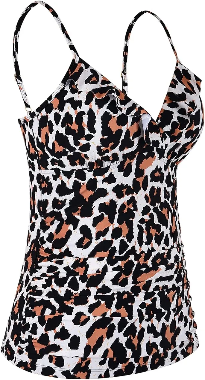 Hilor Women's Tankini Tops Shirred Ruffled Swimsuits V Neck Swimwear Top