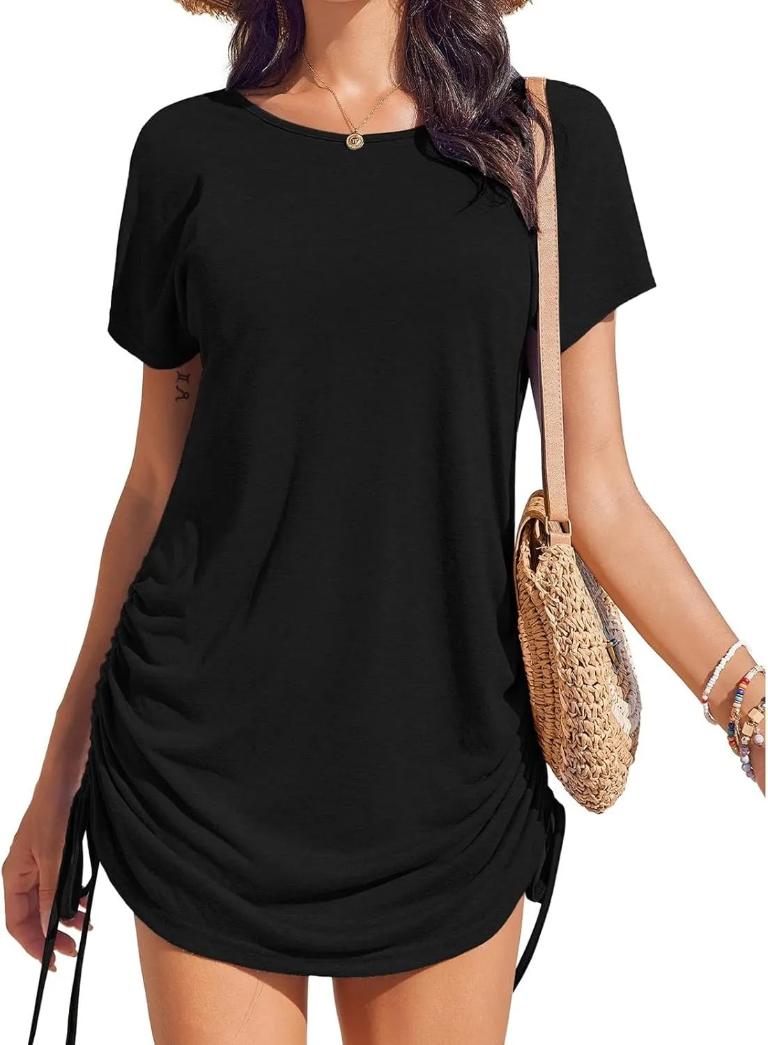 hlysgo Dresses for Women 2025 Summer Side Shirring Short Sleeve V Neck Mini Dresses Casual Cutout Back Beach Coverup Dress
