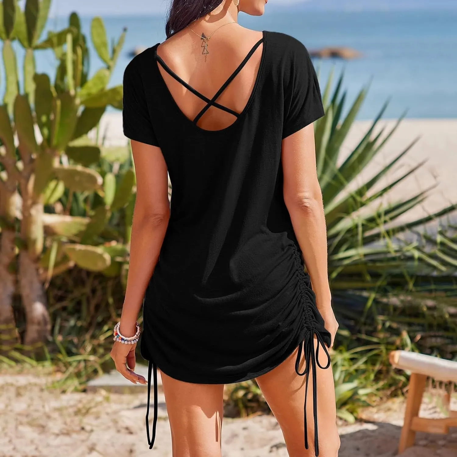 hlysgo Dresses for Women 2025 Summer Side Shirring Short Sleeve V Neck Mini Dresses Casual Cutout Back Beach Coverup Dress