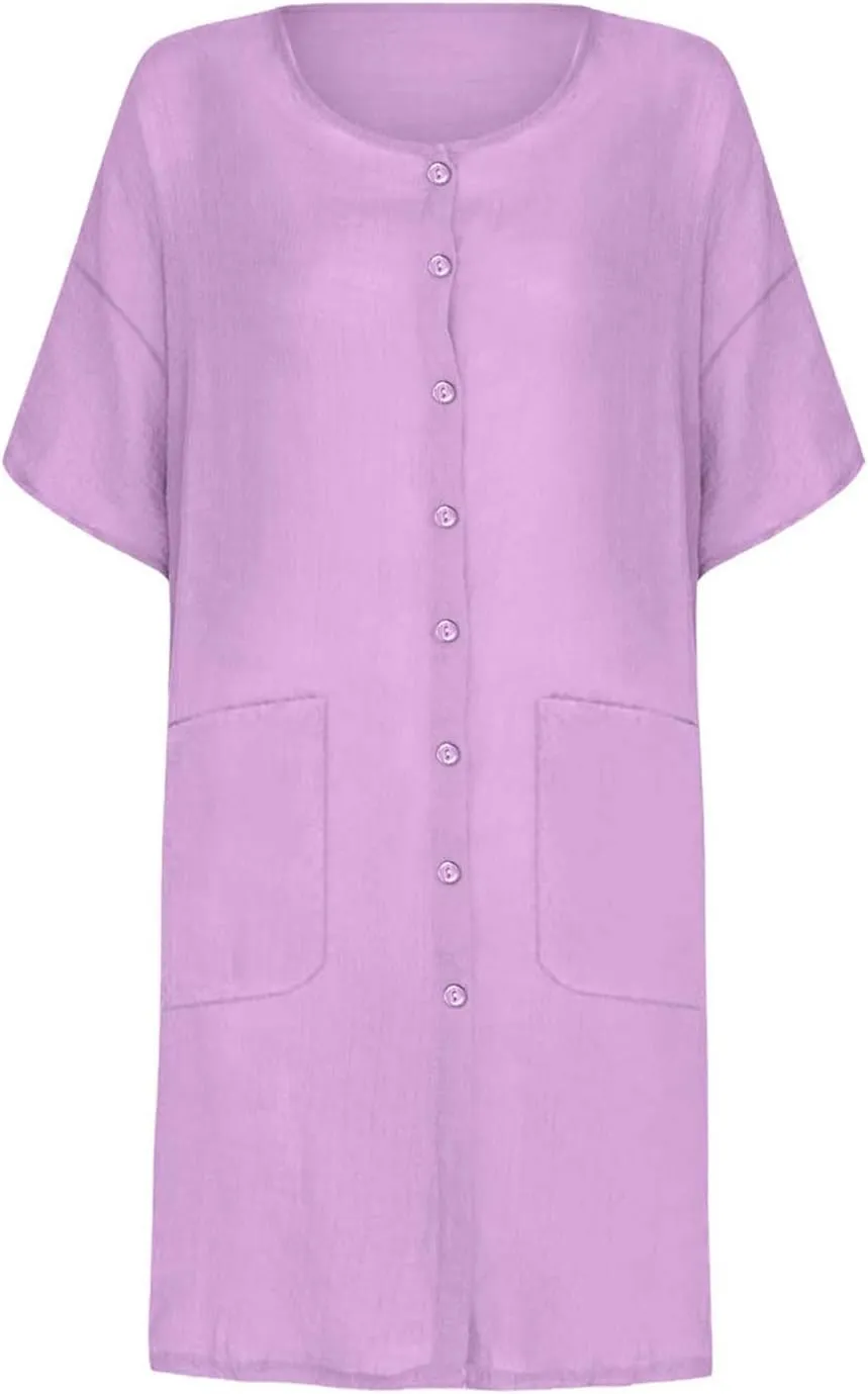 hlysgo Shirts Dress for Women 2025 Summer Short Sleeve Beach Vacation Dresses Casual Loose Fit Comfy Button Down Mini Dress