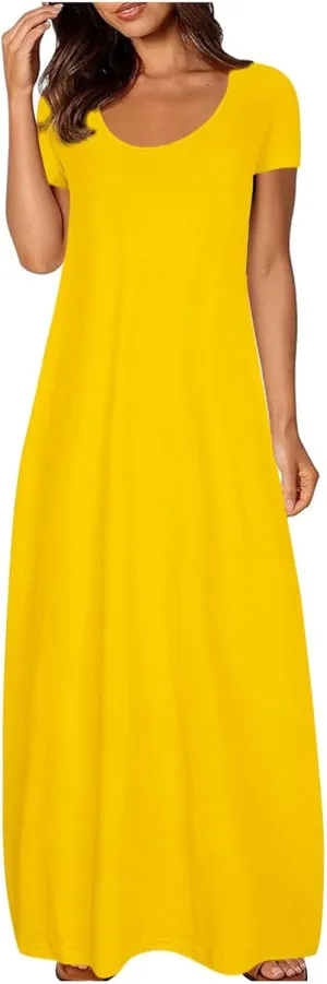 hlysgo Womens 2025 Trendy Summer Long Dresses Short Sleeve Scoop Neck Plus Size Lounge Midi Dress Solid Casual Dress