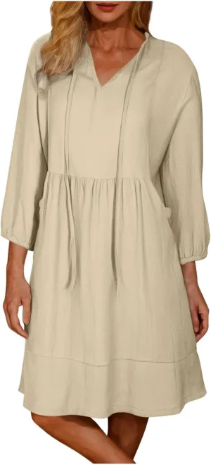 hlysgo Women's Mini Dress with Pockets 2025 Summer Casual 3/4 Sleeve V Neck Short Dress Trendy Knee Length Going Out Dresses