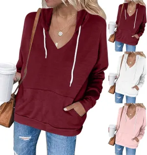 Hoodies For Women Casual Solid Color Long Sleeve v Neck Hooded Sweatshirt Loose Comfy Fall Fashion Pullover Tops 2024