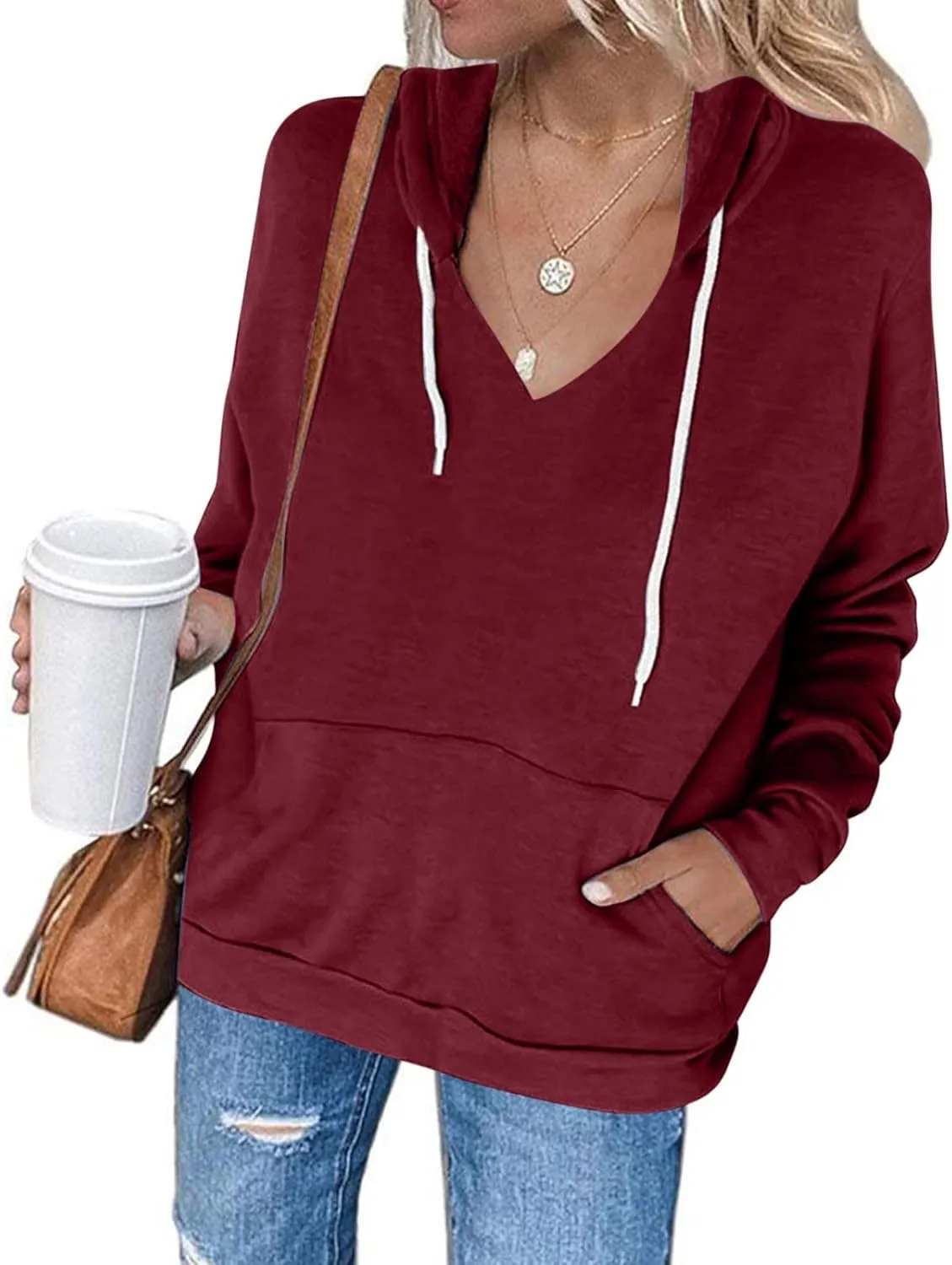 Hoodies For Women Casual Solid Color Long Sleeve v Neck Hooded Sweatshirt Loose Comfy Fall Fashion Pullover Tops 2024