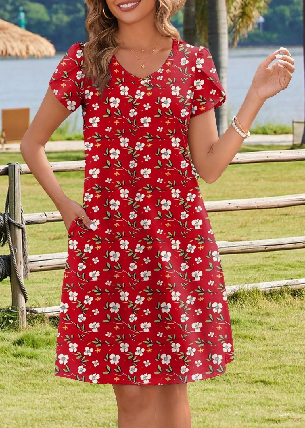 HOTOUCH Womens Summer Floral Beach V Neck Dresses Short Sleeve T Shirt Sundresses with Pockets 2025 Hawaiian Vacation