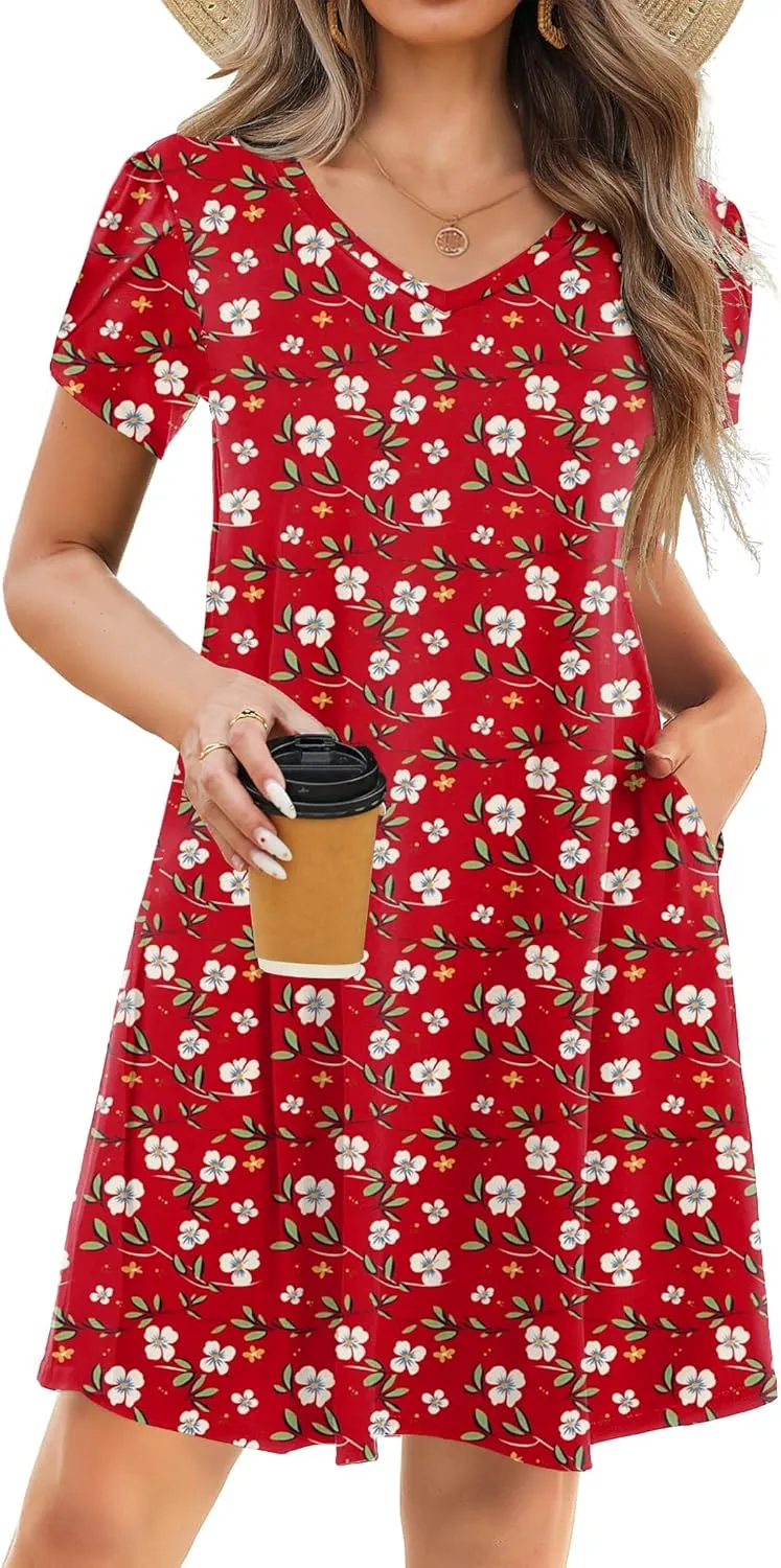 HOTOUCH Womens Summer Floral Beach V Neck Dresses Short Sleeve T Shirt Sundresses with Pockets 2025 Hawaiian Vacation