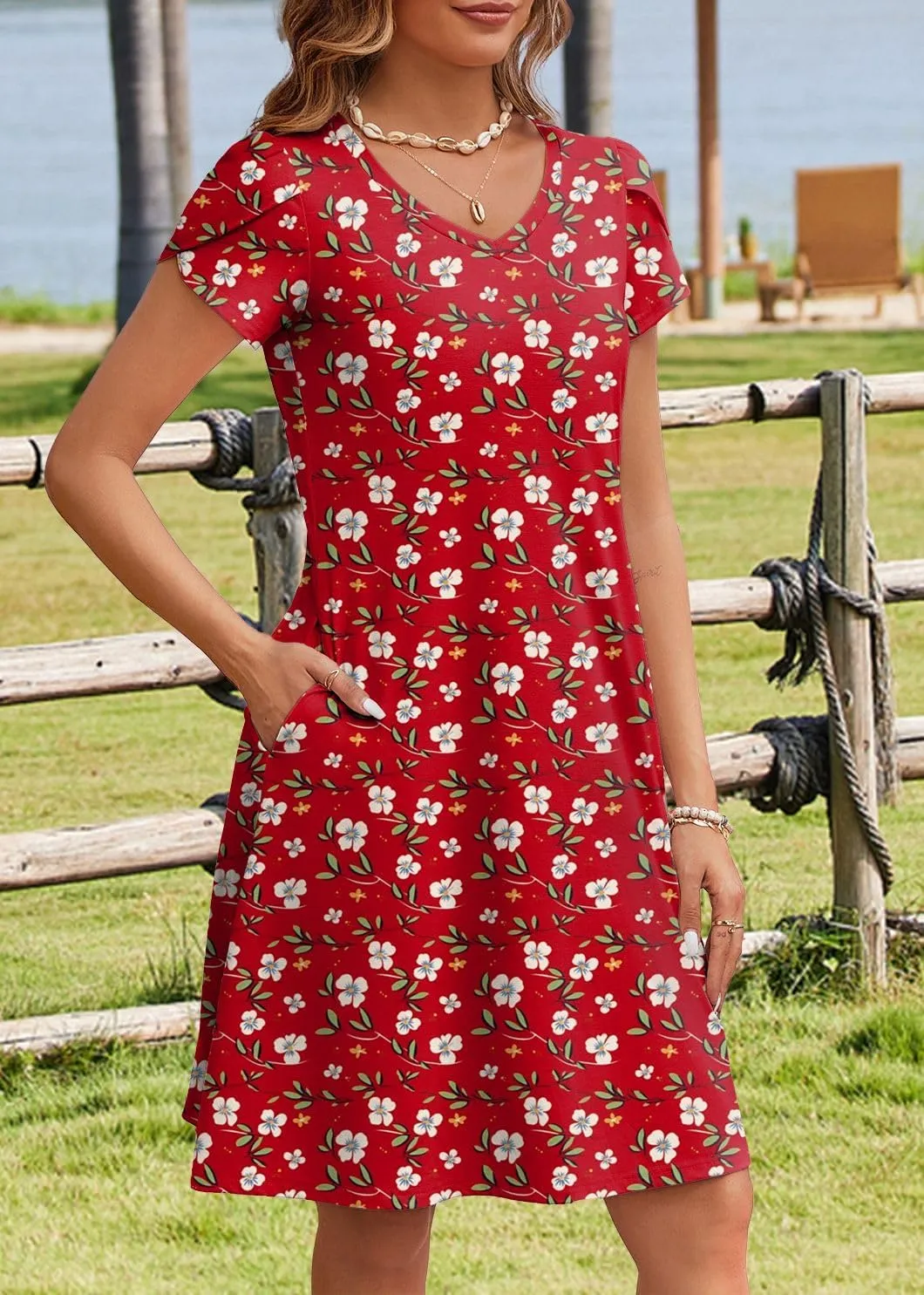 HOTOUCH Womens Summer Floral Beach V Neck Dresses Short Sleeve T Shirt Sundresses with Pockets 2025 Hawaiian Vacation